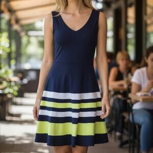 Joseph Ribkoff Navy Lime Yellow Colorblock Tank Dress Fit N Flare Sz 8
